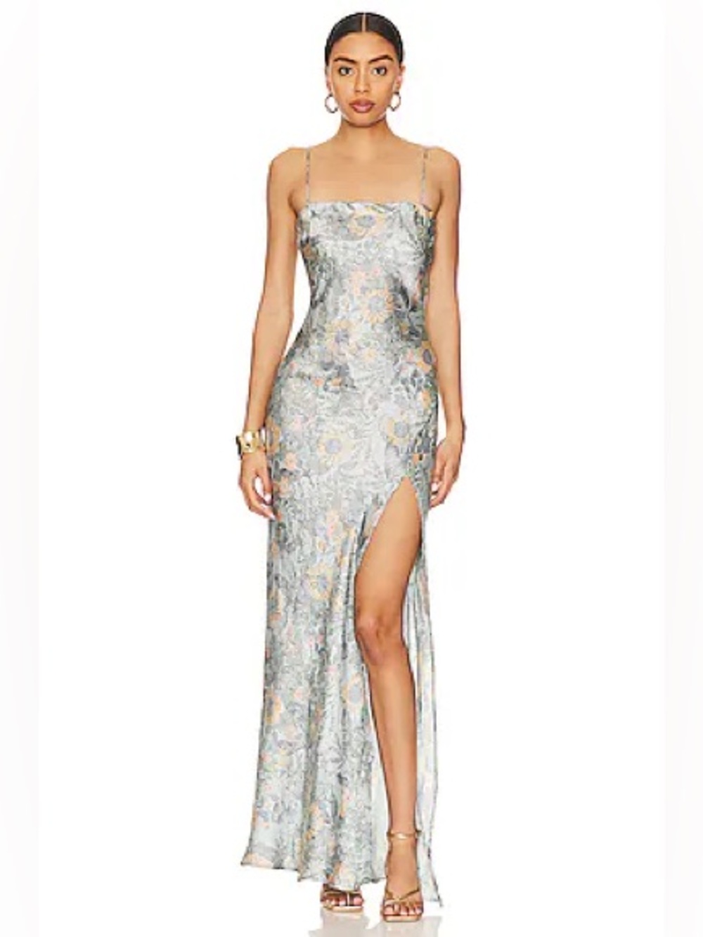 NWT bec + bridge  nina Silver Floral Satin Slip Maxi Dress /Thigh Slit size 4